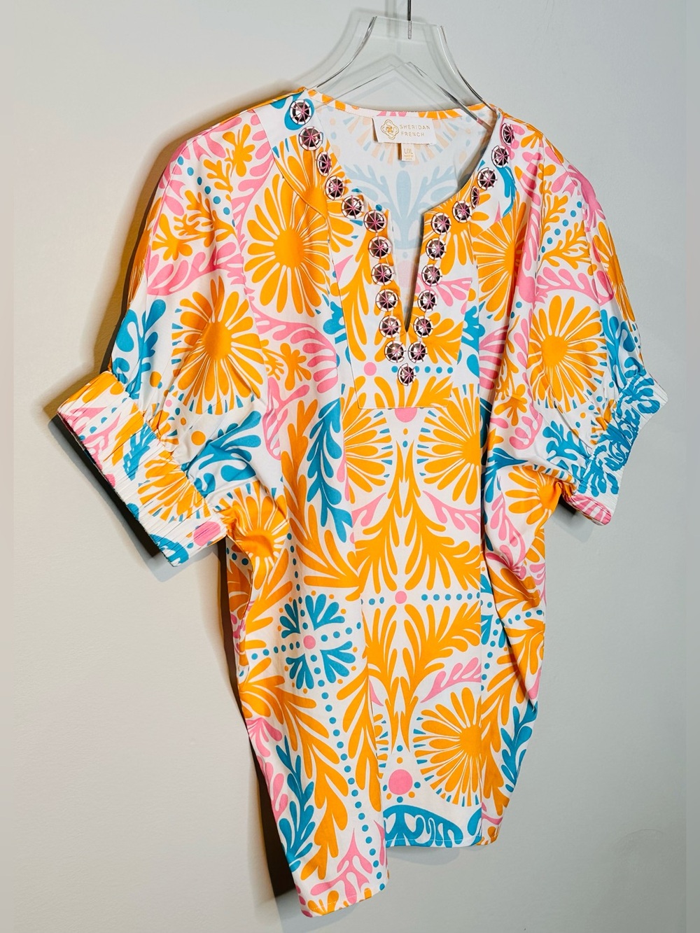 Sheridan French Orange Blue Pink Knit Popover Top Shirt Blouse - Picture 4 of 11